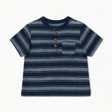 Black And Grey Striped Henley Pique Tshirt Nawao.com