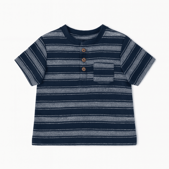 Black And Grey Striped Henley Pique Tshirt Nawao.com