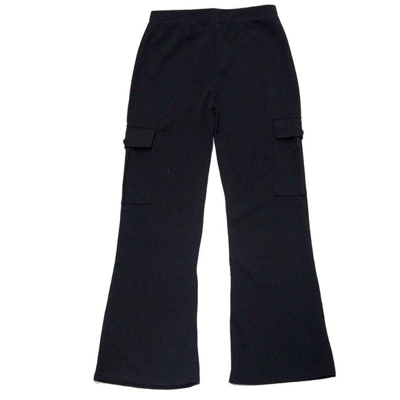 Black Cargo Pocket Flared Hem Twill Pants Nawao.com