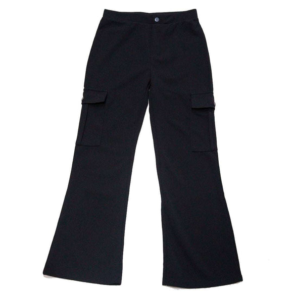 Black Cargo Pocket Flared Hem Twill Pants Nawao.com