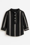Black Dobby Long Sleeve Mandarin Collar Shirt Nawao.com