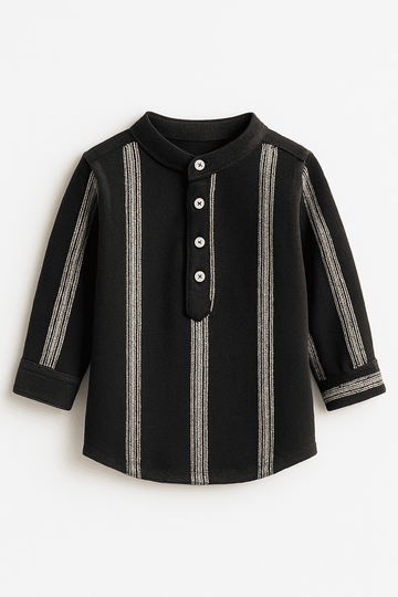 Black Dobby Long Sleeve Mandarin Collar Shirt Nawao.com