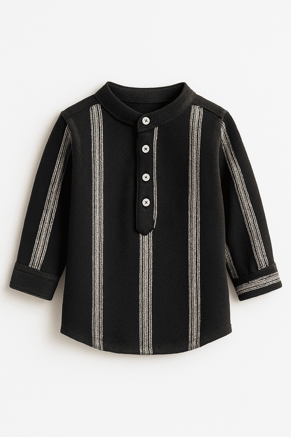 Black Dobby Long Sleeve Mandarin Collar Shirt Nawao.com