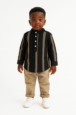 Black Dobby Long Sleeve Mandarin Collar Shirt Nawao.com