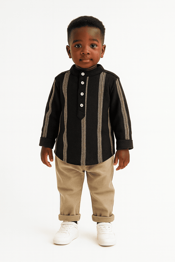 Black Dobby Long Sleeve Mandarin Collar Shirt Nawao.com