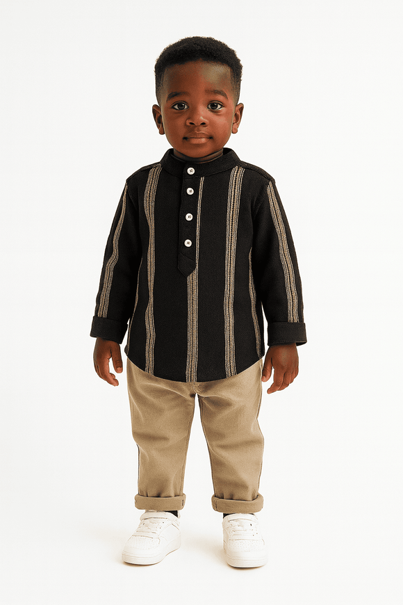 Black Dobby Long Sleeve Mandarin Collar Shirt Nawao.com