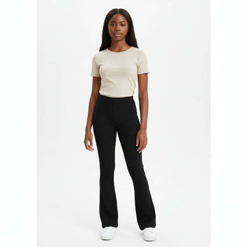Black Flared Hem Rib Leggings Nawao.com
