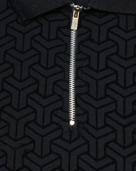 Black Flock Print Zipneck Polo Nawao.com
