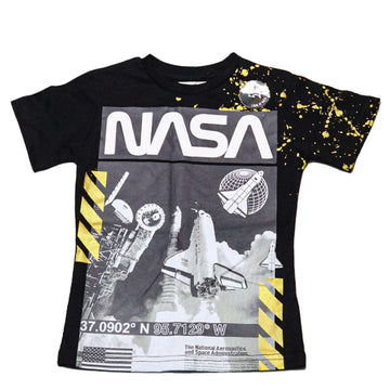 Black Foil Print Short Sleeve Tshirt Nawao.com