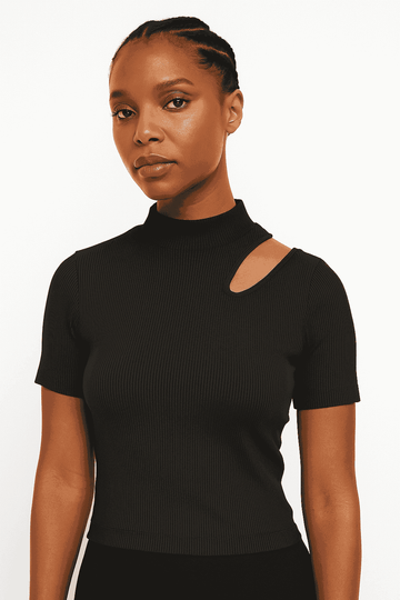 Black High Neck Cutout Detailed T Shirt Black Nawao.com