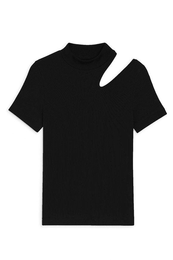 Black High Neck Cutout Detailed T Shirt Black Nawao.com
