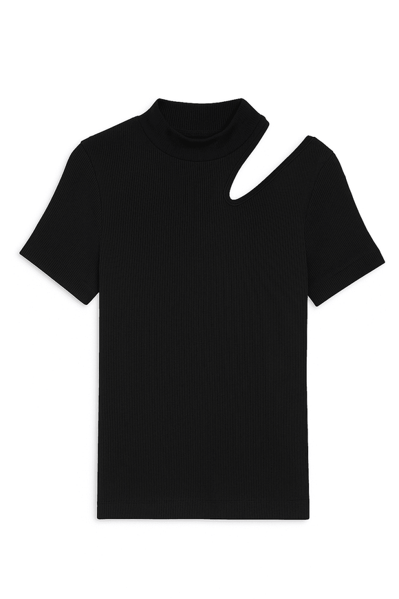 Black High Neck Cutout Detailed T Shirt Black Nawao.com