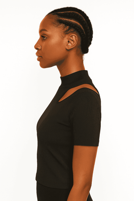Black High Neck Cutout Detailed T Shirt Black Nawao.com