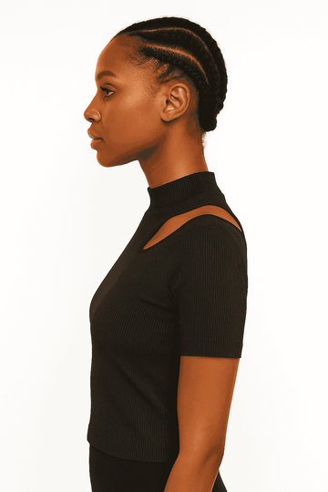 Black High Neck Cutout Detailed T Shirt Black Nawao.com