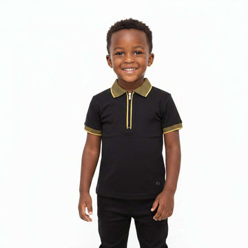 Black Jacquard Collar Zip Placket Polo Black Nawao.com