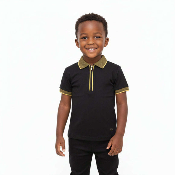 Black Jacquard Collar Zip Placket Polo Black Nawao.com