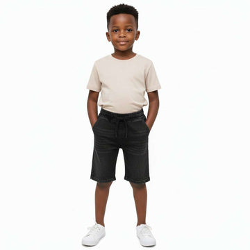Black Knitted Denim Paneled Pullon Shorts Black Nawao.com