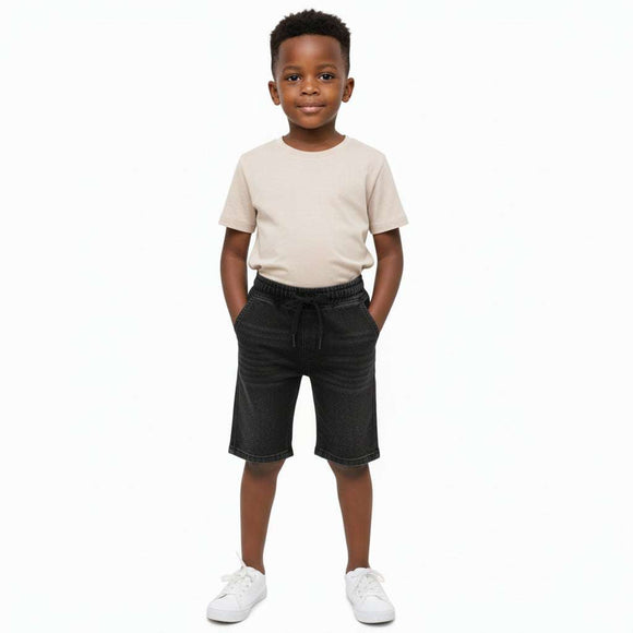 Black Knitted Denim Paneled Pullon Shorts Black Nawao.com