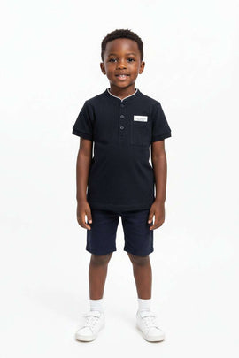 Black Mandarin Collar Pocket Badge Short Sleeve Polo Black Nawao.com