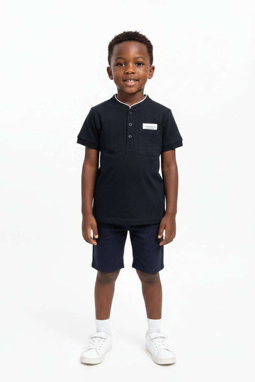 Black Mandarin Collar Pocket Badge Short Sleeve Polo Black Nawao.com