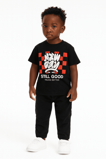 Black New Day Printed Short Sleeve T Shirt Nawao.com