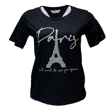 Black Paris Pearl Embellished T Shirt Nawao.com