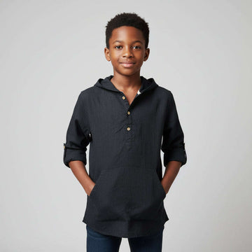 Black Plain Kurta With Hoody Black Nawao.com