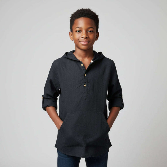 Black Plain Kurta With Hoody Black Nawao.com