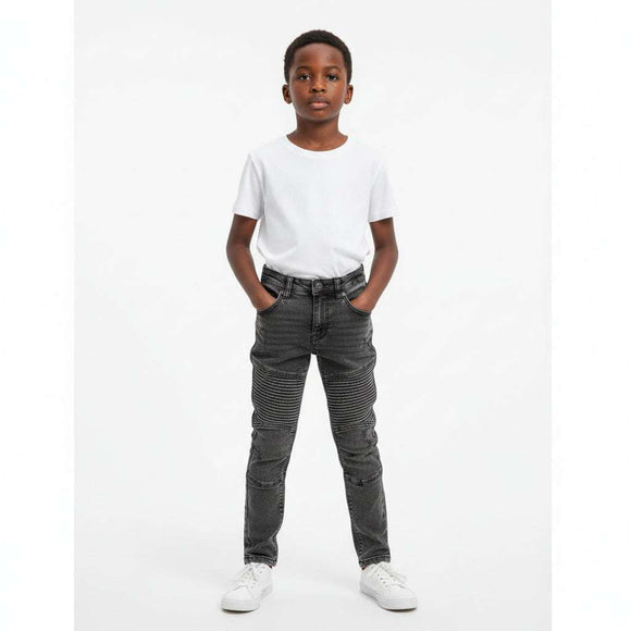 Black Pullon Knit Denim Biker Knee Jeans Black Nawao.com