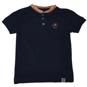 Black Suede Mandarin Collar Short Sleeve Polo Nawao.com