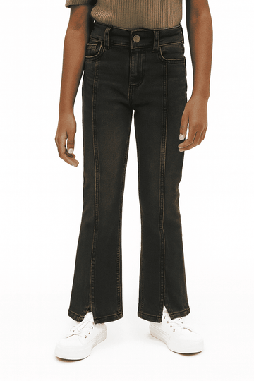 Black Wash Skinny Flared Jeans With Front Slit Nawao.com