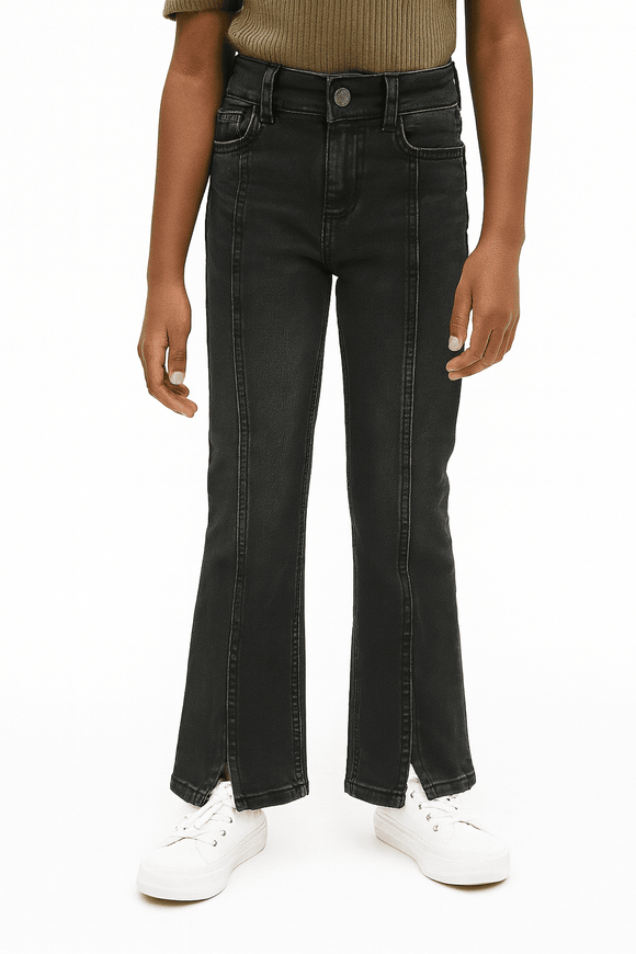 Black Wash Skinny Flared Jeans With Front Slit Nawao.com