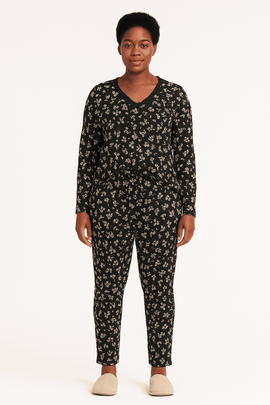 Black White Floral Printed Table Pyjama Set Assorted Nawao.com