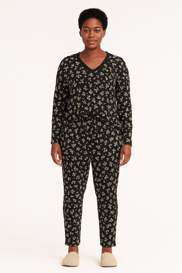 Black White Floral Printed Table Pyjama Set Assorted Nawao.com