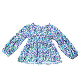 Blue Aop Crew Neck Jacquard Blouse With Frill Details Nawao.com