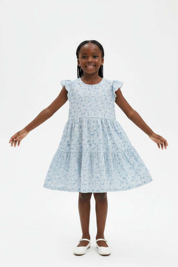 Blue Aop Frill Sleeves Dress Blue Nawao.com