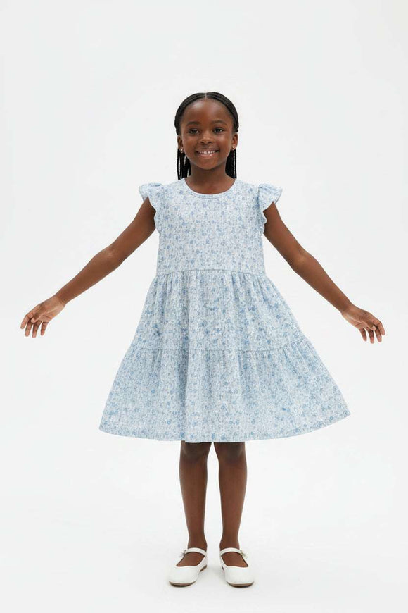 Blue Aop Frill Sleeves Dress Blue Nawao.com