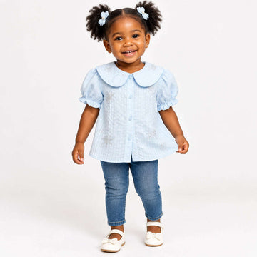 Blue Butterfly Rhinstone Collared Blouse Blue Nawao.com