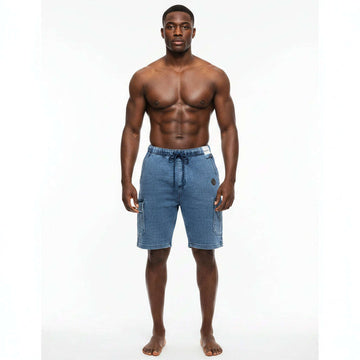 Blue Cargo Knit Denim Shorts Blue Nawao.com