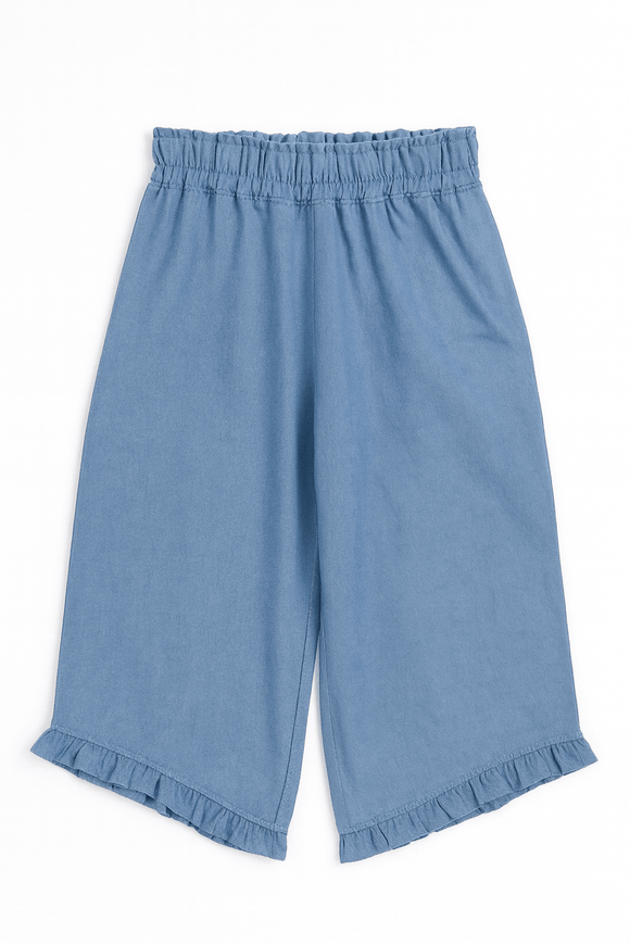 Blue Chambray Ruffle Trouser Nawao.com