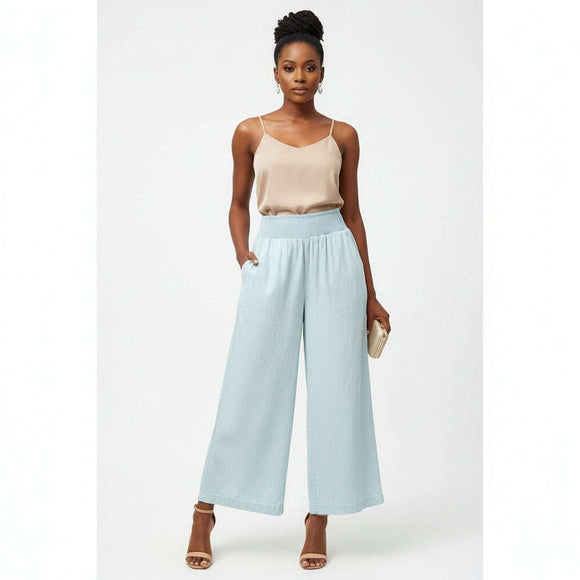 Blue Cullote With Elasticated Waistband Blue Nawao.com