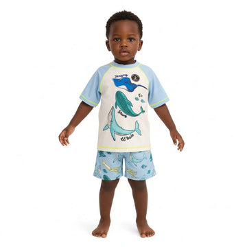 Blue Fish Print Rash Guard And Swim Shorts Nawao.com