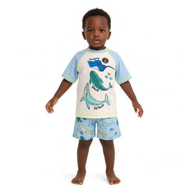 Blue Fish Print Rash Guard And Swim Shorts Nawao.com
