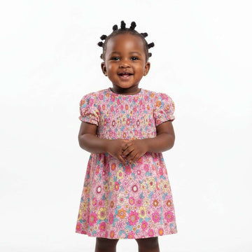 Blue Floral Print Front Smocking Dress Blue Nawao.com