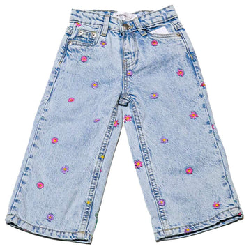 Blue Flower Embroided Wide Leg Jeans Nawao.com