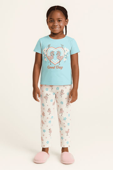 Blue Heart Flamingo Print S S Pajama Sets Assorted Nawao.com