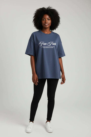 Blue High Neck Boxy Tee With Placement Print Nawao.com