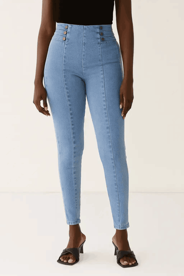 Blue High Waist Button Jeggings Nawao.com