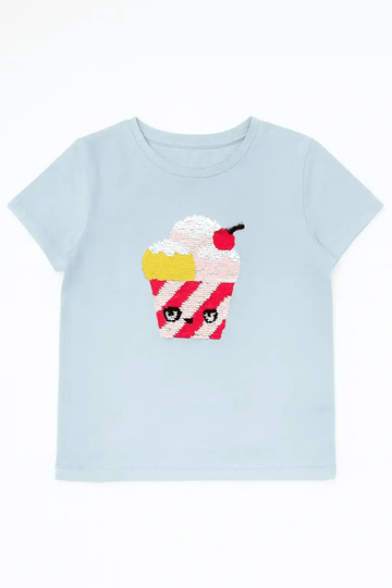 Blue Ice Cream Sequins At Chest T Shirt Nawao.com
