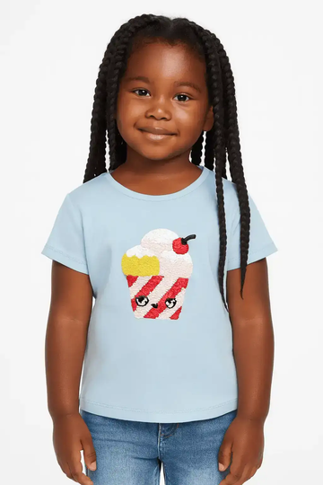Blue Ice Cream Sequins At Chest T Shirt Nawao.com